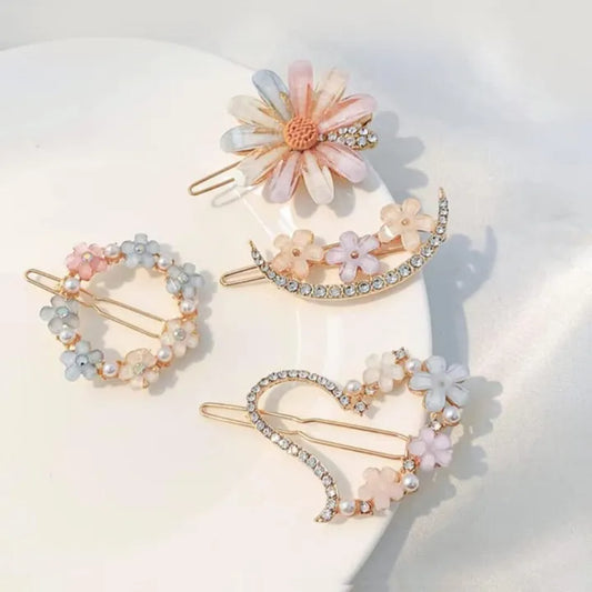 4 pcs sweet colourful rhinestone pearl cute hair pin for girls and women/ Pack of 4 Korean Flower Pearl Hair Clip For Girls