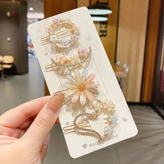 4 pcs sweet colourful rhinestone pearl cute hair pin for girls and women/ Pack of 4 Korean Flower Pearl Hair Clip For Girls